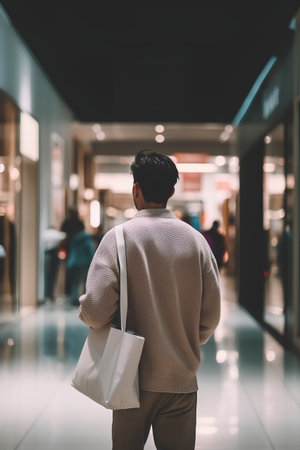 Rear view of a man with shopping bags in a shopping mallの素材