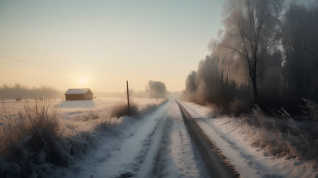 Rural road through the field covered with hoarfrost at sunriseの素材