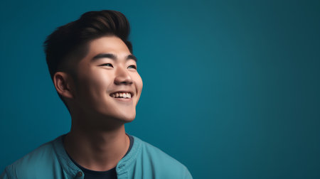 Portrait of a handsome young asian man smiling against blue backgroundの素材