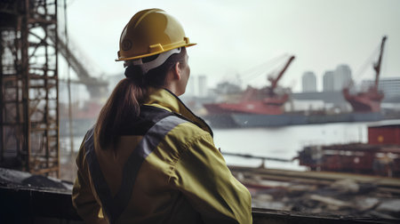Portrait of a female engineer in a yellow jacket and a yellow helmet on the background of a cargo port.の素材