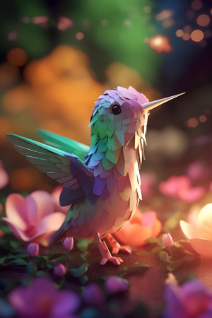 Colorful bird on flower background with bokeh effect. 3D renderingの素材