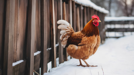 Red rooster on the background of a wooden fence in winter.の素材