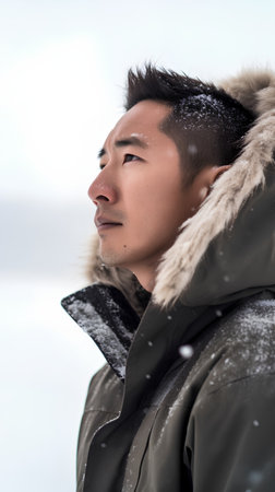 Portrait of a handsome asian man in winter coat looking awayの素材