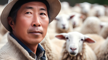 Portrait of asian farmer with flock of sheep in the farmの素材