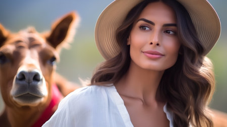 Beautiful young woman in cowboy hat and white shirt with her horseの素材