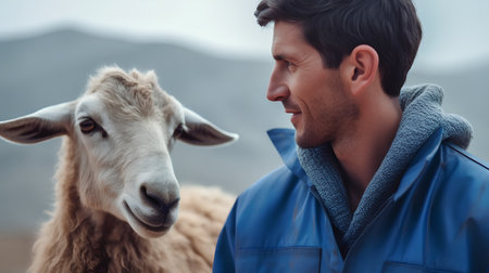 Portrait of a handsome young man in a blue jacket and sheep.の素材