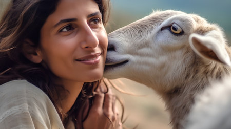 Portrait of a beautiful young woman with a goat in the mountainsの素材