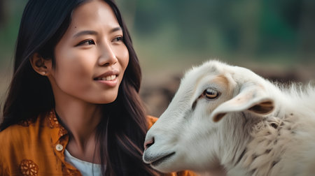 beautiful asian woman and goat in the farm, asiaの素材
