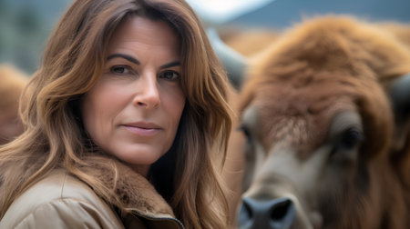 Portrait of a beautiful woman with a cow in the background.の素材