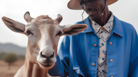 African american man in cowboy hat and blue shirt with white goatの素材