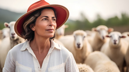 Portrait of middle-aged woman in hat standing among sheep herdの素材
