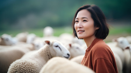 Portrait of a happy asian woman standing among sheeps on a farmの素材