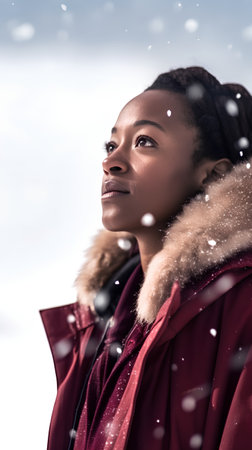 beautiful young african american woman in winter coat with snowの素材