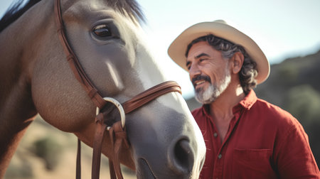 Portrait of a senior man with his horse in the countryside.の素材