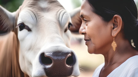 Close up of a cow and woman in the countryside, Thailand.の素材