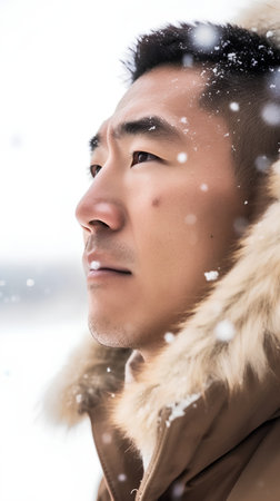 Portrait of a young man in winter clothes in the snow.の素材
