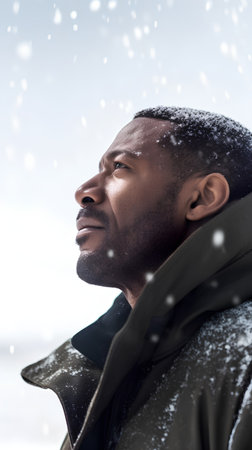 african american man in winter coat looking away at snowfallの素材