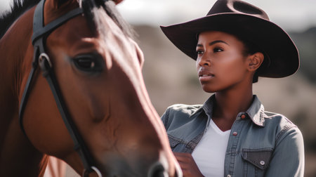 Portrait of a beautiful young woman in a cowboy hat with a horse.の素材