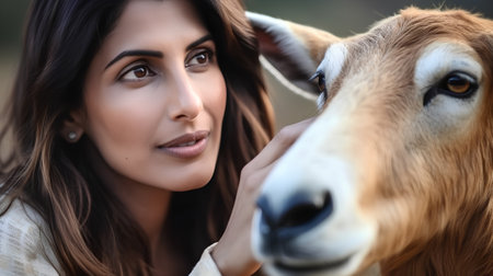 Beautiful young woman with a goat in the field. Outdoor portraitの素材