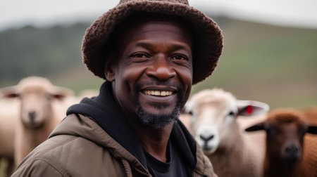 Portrait of a happy african man with sheep in the backgroundの素材