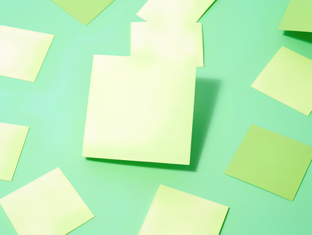 Blank sticky notes on a green background. 3d rendering.の素材