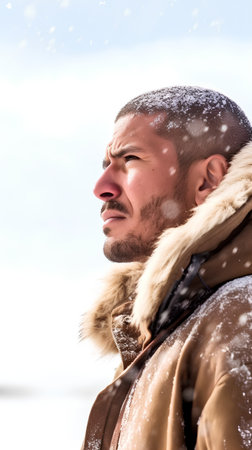 Portrait of a handsome man in winter coat and fur hood.の素材