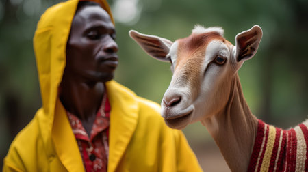 African man in a yellow raincoat with a goat in his arms.の素材