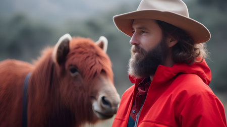Young man with long beard and mustache in red raincoat and hat looking at horse in natureの素材