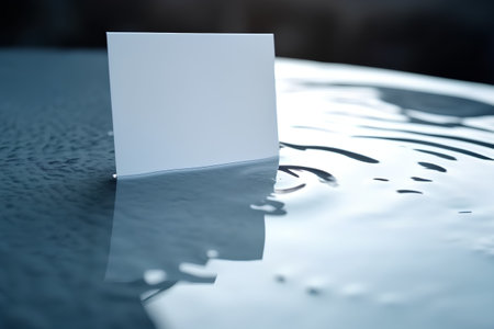 Blank business card on a wet table with water droplets.の素材