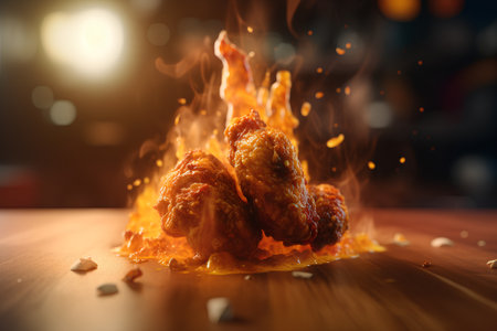 Fried chicken wings in fire. Selective focus. Toned.の素材