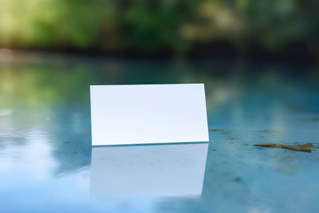 Blank business card on the edge of the pool. Blurred backgroundの素材