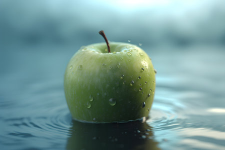 Green apple in water with drops of dew on the surface.の素材