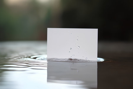 Water drop on a wet surface of a puddle with a cardの素材