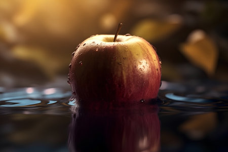 red apple with water drops on a dark background, reflection in waterの素材