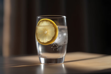 Glass of water with lemon and ice cubes on a wooden table.の素材