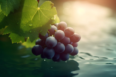 Bunch of grapes with green leaves on the background of water.の素材