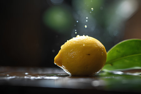 Lemon with splashes of water on a wooden table. Selective focus.の素材