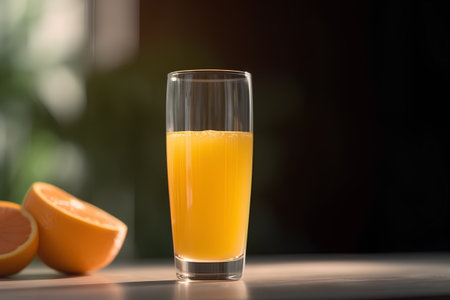 Glass of fresh orange juice on table against blurred background, closeupの素材