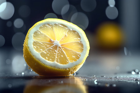 Fresh lemon slice with water drops on a dark background. Selective focus.の素材