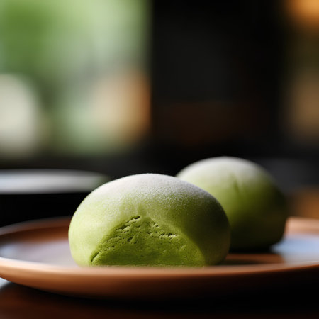 Green tea macaroon on a plate, shallow depth of fieldの素材
