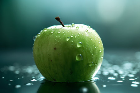 Green apple with water droplets on a dark background. Shallow depth of field.の素材