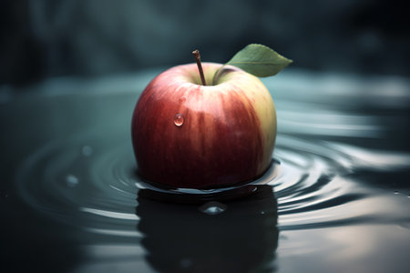 Red apple on the water surface with drop of water. Shallow depth of fieldの素材