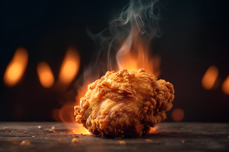 Fried chicken on a wooden table against the background of the fireの素材