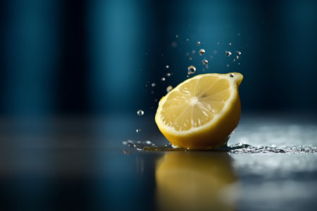 Lemon falling into water with splashes on a black background.の素材