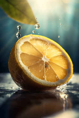 Fresh lemon slice with water drops on dark background. Close up.の素材