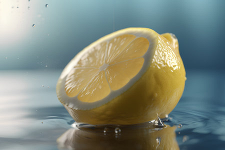Lemon slice falling into water with splashes and ripples.の素材