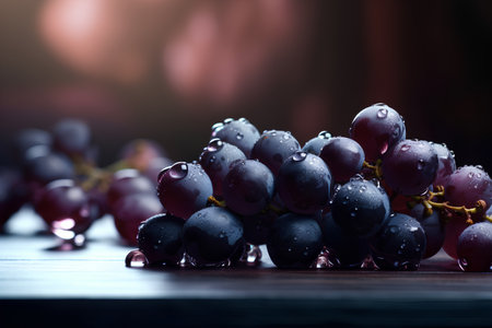 bunch of grapes with water drops on wooden table, dark backgroundの素材