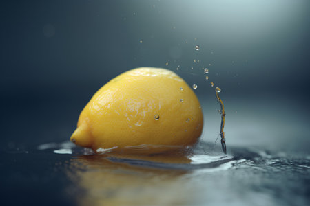 Lemon falling into water with a splash on a black background.の素材