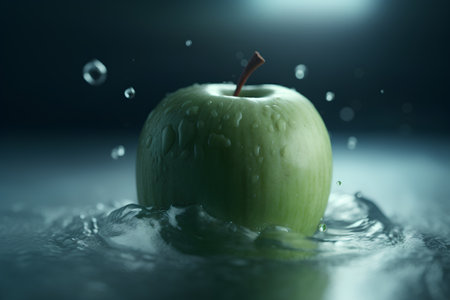 Green apple with drops of water on a dark background. Shallow depth of fieldの素材