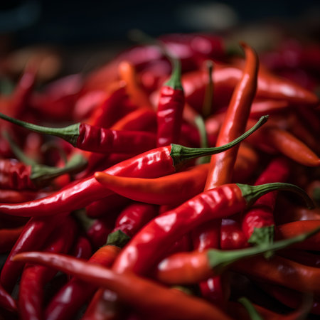 Red chili peppers on a dark background. Selective focus. Toned.の素材